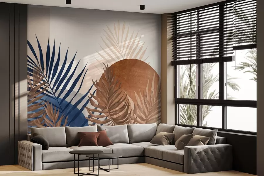 Papier peint Composition abstraite texturée représentant des feuilles tropicales dans des tons de bleu et de terre, avec une grande forme circulaire w09257