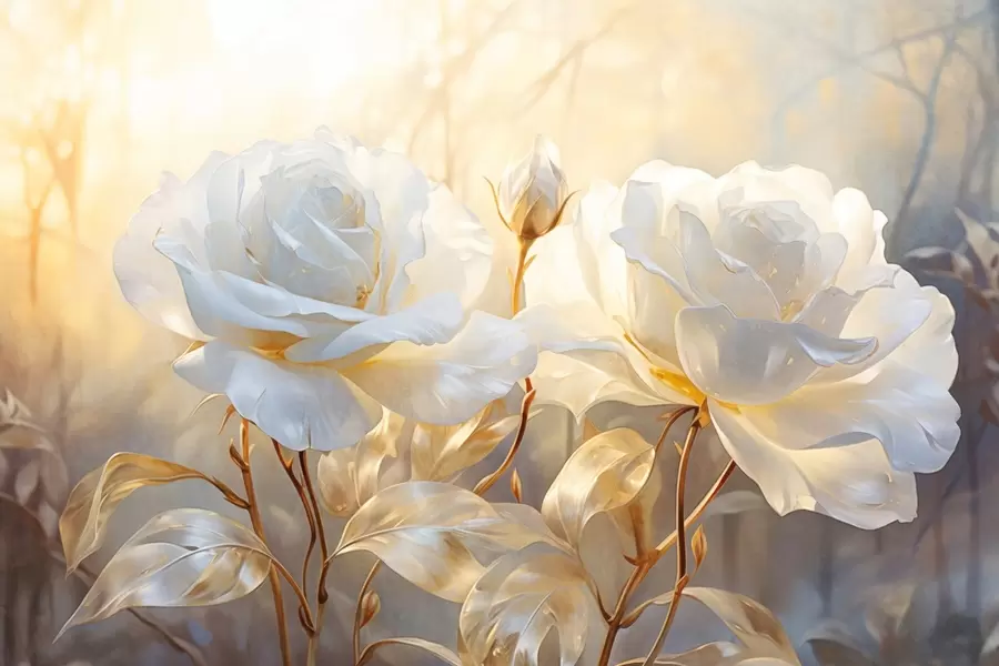 Papier peint Roses blanches texturées avec des tiges et des feuilles jaunes, éclairage doux, fond clair avec des formes florales floues w09258