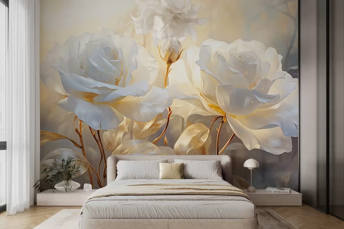 Papier peint Roses blanches texturées avec des tiges et des feuilles jaunes, éclairage doux, fond clair avec des formes florales floues w09258
