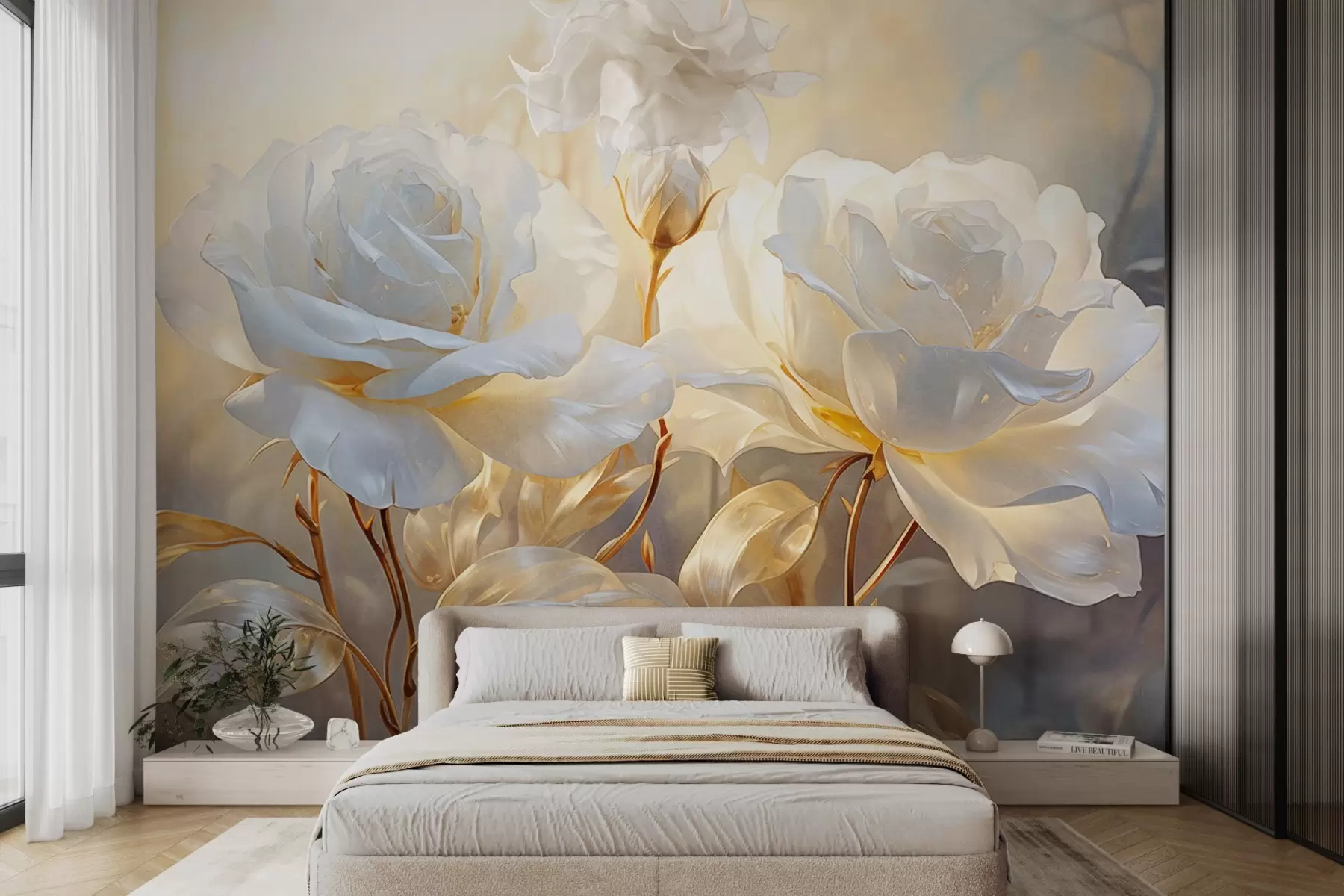 Papier peint Roses blanches texturées avec des tiges et des feuilles jaunes, éclairage doux, fond clair avec des formes florales floues w09258