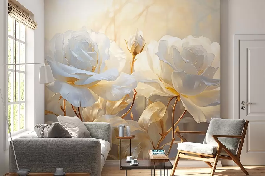 Papier peint Roses blanches texturées avec des tiges et des feuilles jaunes, éclairage doux, fond clair avec des formes florales floues w09258
