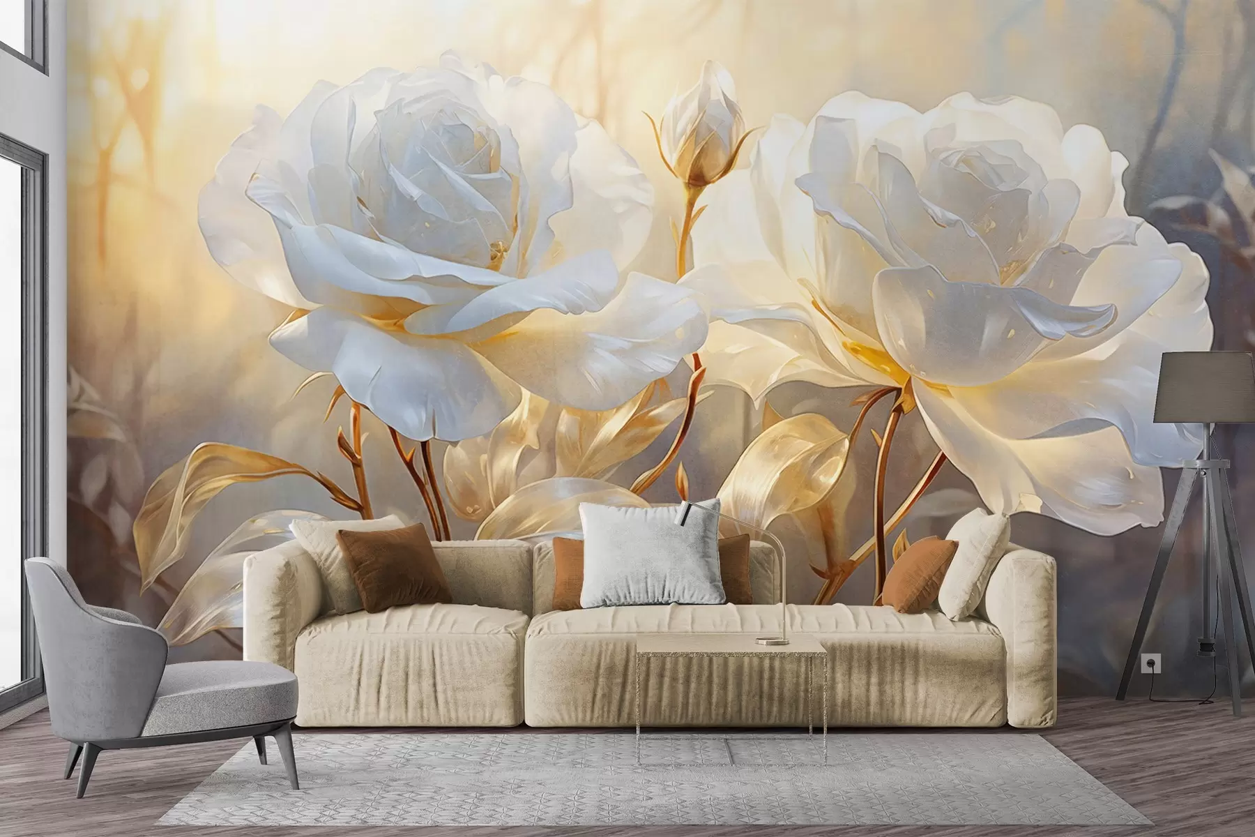 Papier peint Roses blanches texturées avec des tiges et des feuilles jaunes, éclairage doux, fond clair avec des formes florales floues w09258