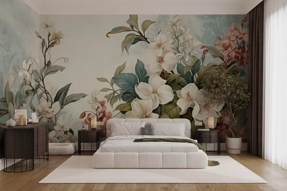 Papier peint Fleurs et feuilles tropicales texturées avec des teintes bleues et vertes douces, coups de pinceau délicats, style botanique vintage w09259