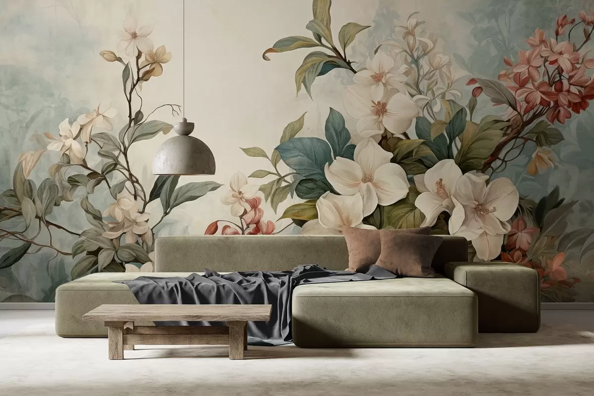 Papier peint Fleurs et feuilles tropicales texturées avec des teintes bleues et vertes douces, coups de pinceau délicats, style botanique vintage w09259