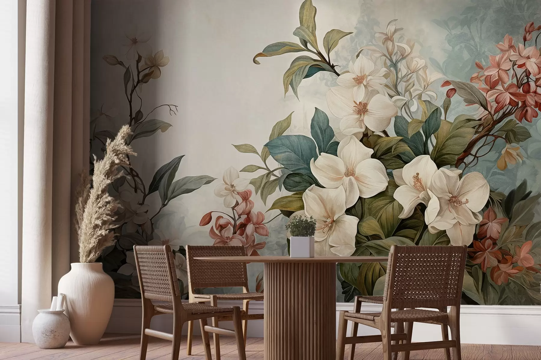 Papier peint Fleurs et feuilles tropicales texturées avec des teintes bleues et vertes douces, coups de pinceau délicats, style botanique vintage w09259