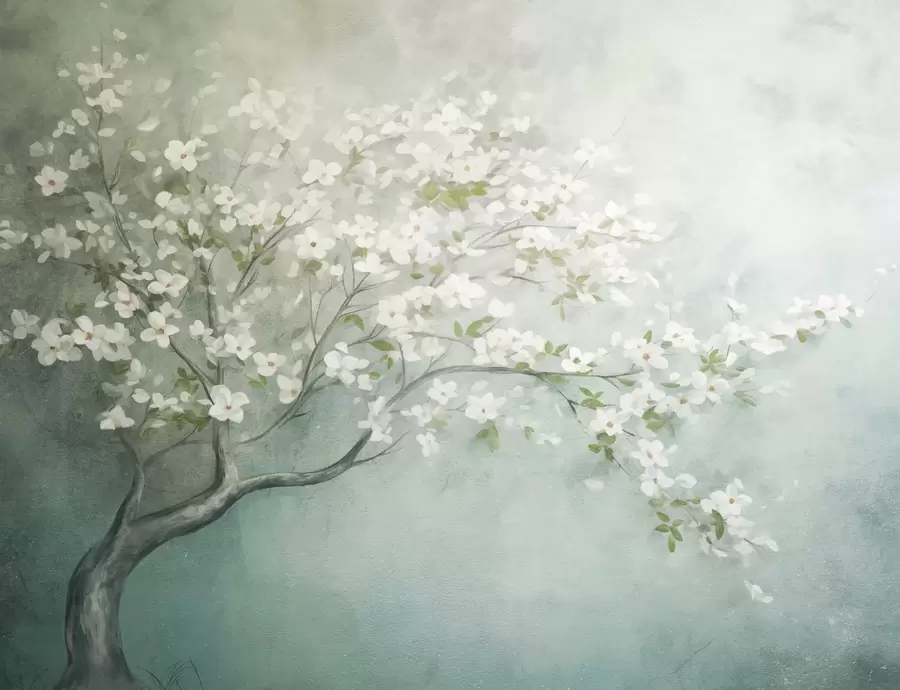 Papier peint Un arbre en fleurs avec des fleurs blanches en pleine floraison, sur un fond texturé granuleux et bruyant de bleu et de vert atténués w09261