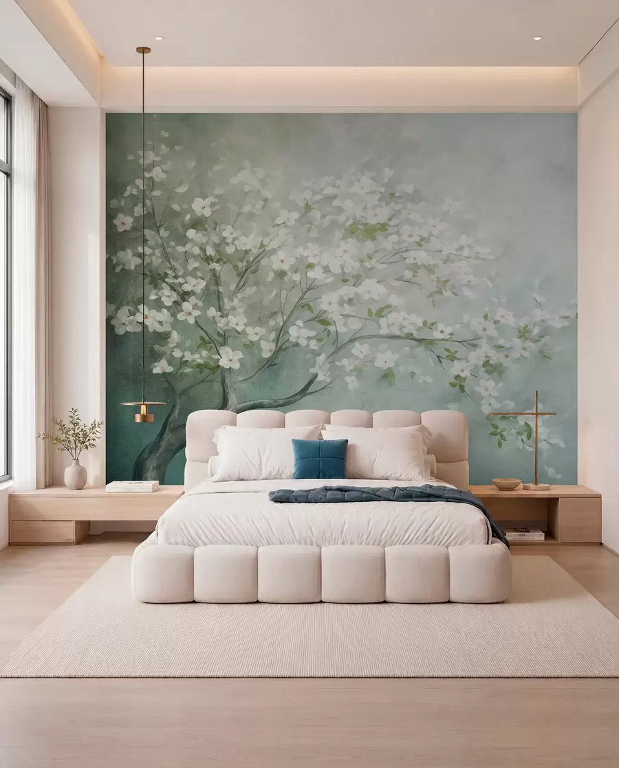 Papier peint Un arbre en fleurs avec des fleurs blanches en pleine floraison, sur un fond texturé granuleux et bruyant de bleu et de vert atténués w09261