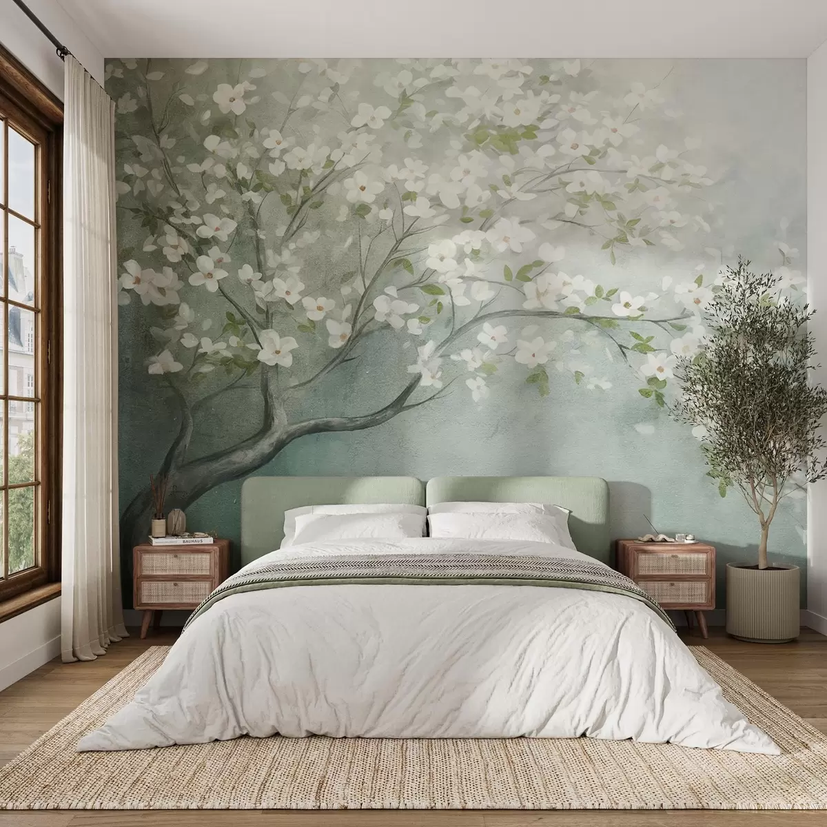 Papier peint Un arbre en fleurs avec des fleurs blanches en pleine floraison, sur un fond texturé granuleux et bruyant de bleu et de vert atténués w09261