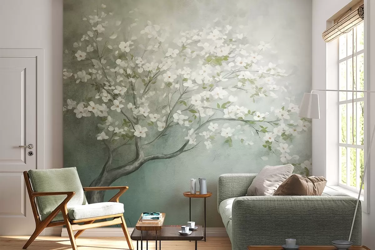 Papier peint Un arbre en fleurs avec des fleurs blanches en pleine floraison, sur un fond texturé granuleux et bruyant de bleu et de vert atténués w09261