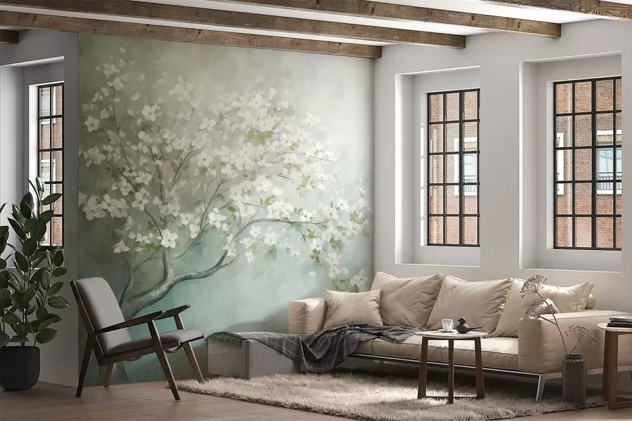 Papier peint Un arbre en fleurs avec des fleurs blanches en pleine floraison, sur un fond texturé granuleux et bruyant de bleu et de vert atténués w09261