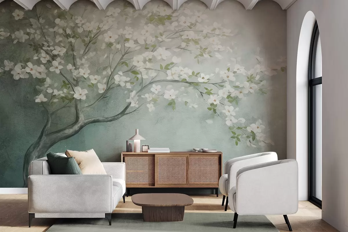Papier peint Un arbre en fleurs avec des fleurs blanches en pleine floraison, sur un fond texturé granuleux et bruyant de bleu et de vert atténués w09261