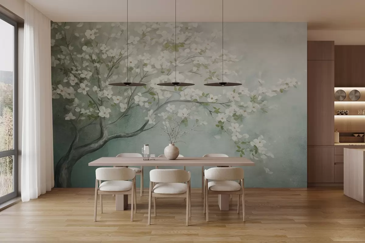Papier peint Un arbre en fleurs avec des fleurs blanches en pleine floraison, sur un fond texturé granuleux et bruyant de bleu et de vert atténués w09261