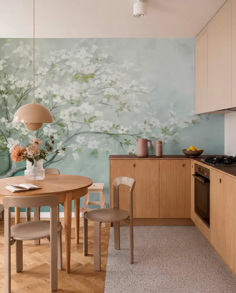 Papier peint Un arbre en fleurs avec des fleurs blanches en pleine floraison, sur un fond texturé granuleux et bruyant de bleu et de vert atténués w09261