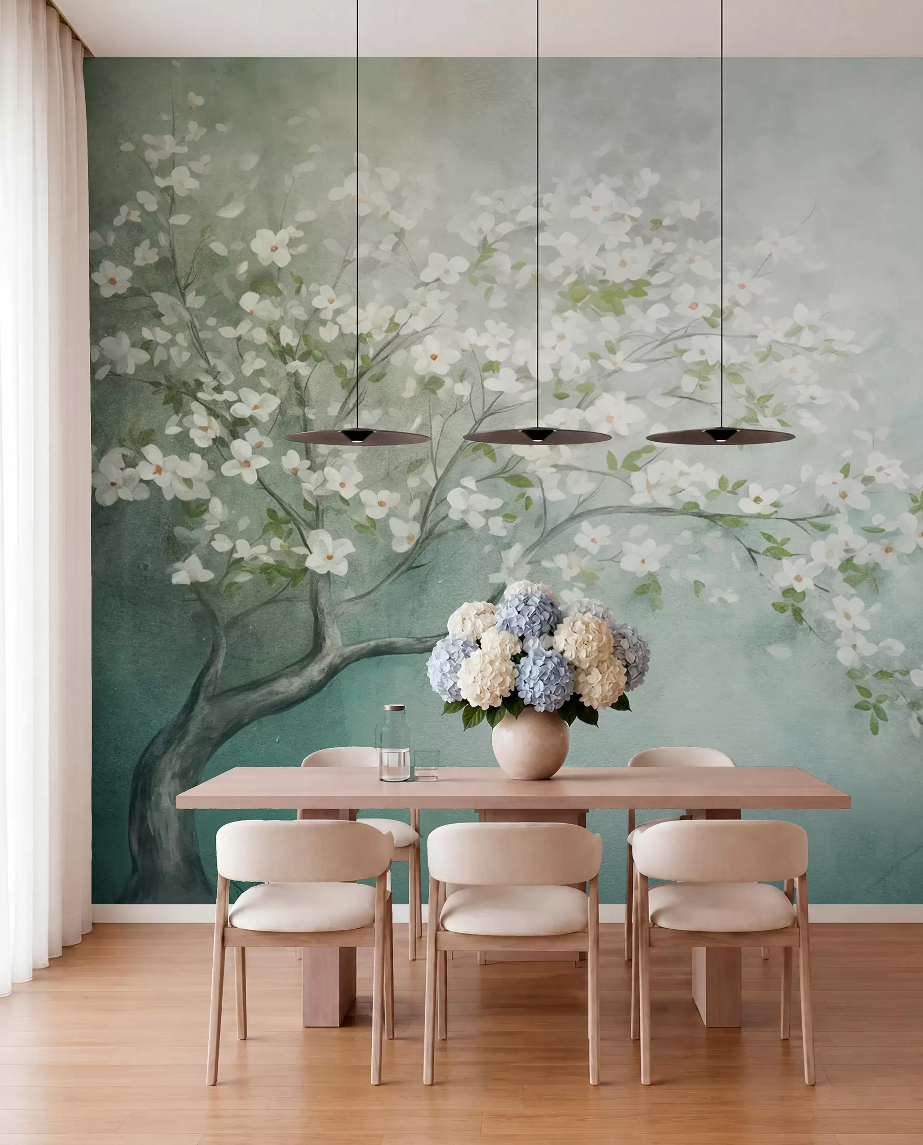 Papier peint Un arbre en fleurs avec des fleurs blanches en pleine floraison, sur un fond texturé granuleux et bruyant de bleu et de vert atténués w09261