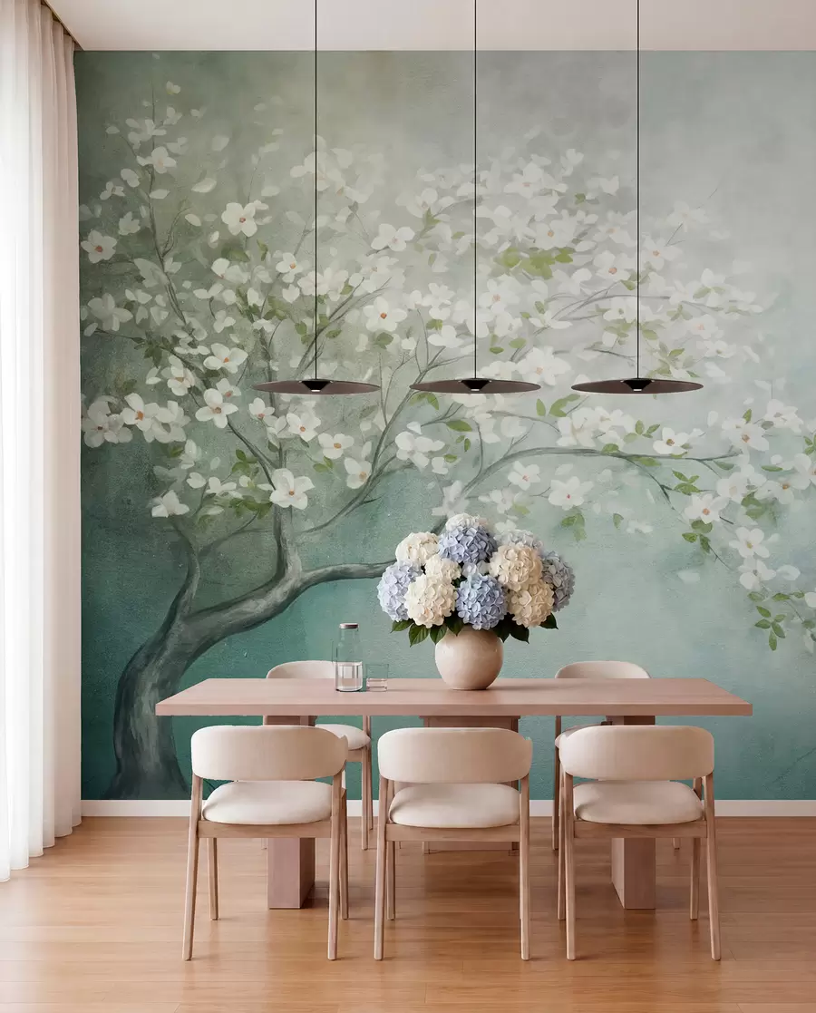 Papier peint Un arbre en fleurs avec des fleurs blanches en pleine floraison, sur un fond texturé granuleux et bruyant de bleu et de vert atténués w09261