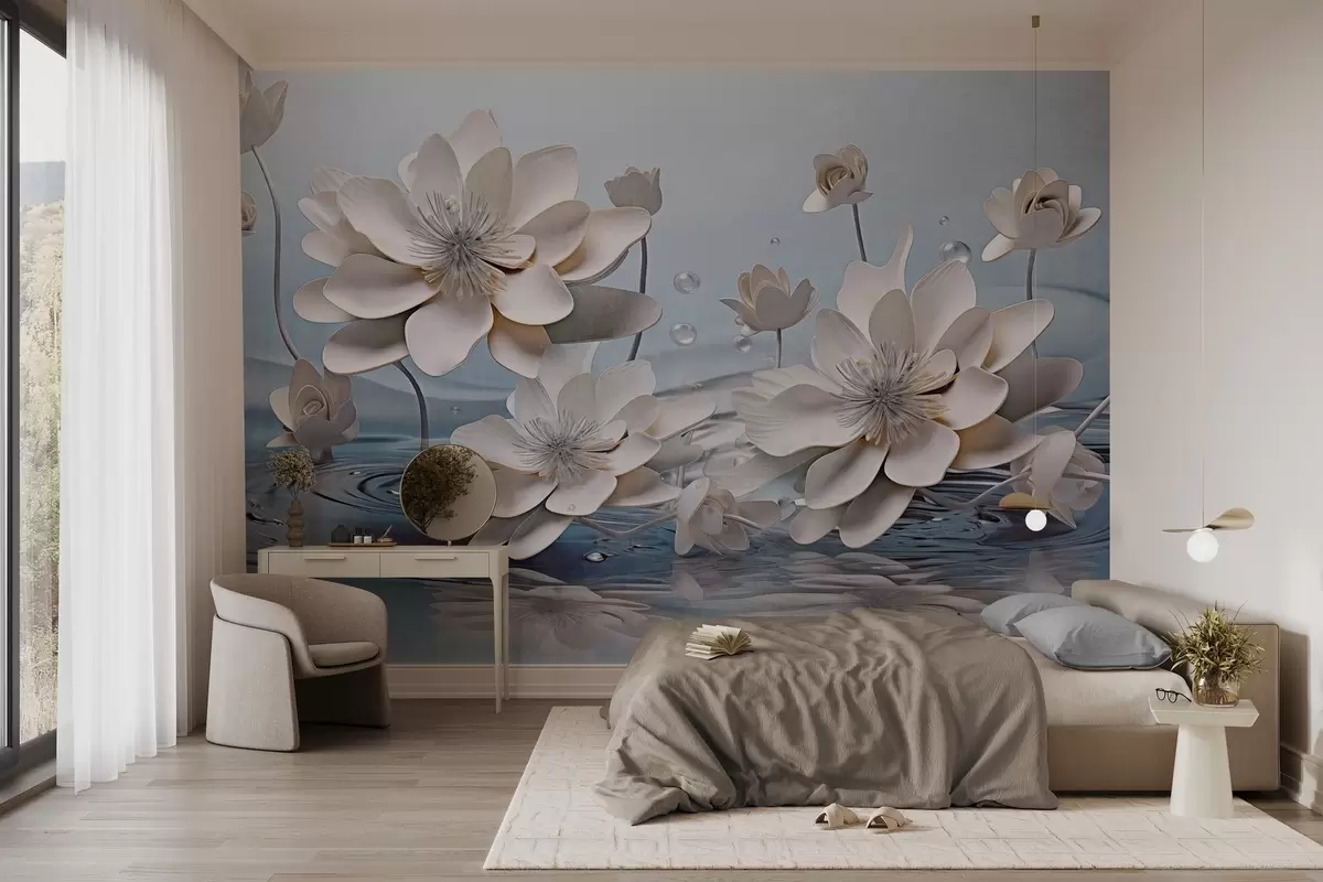 Papier peint Fleurs blanches texturées avec gouttes d'eau, reflets sur la surface de l'eau, fond bleu clair, design élégant w09262