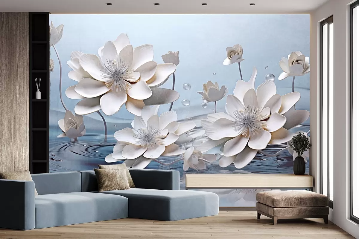 Papier peint Fleurs blanches texturées avec gouttes d'eau, reflets sur la surface de l'eau, fond bleu clair, design élégant w09262