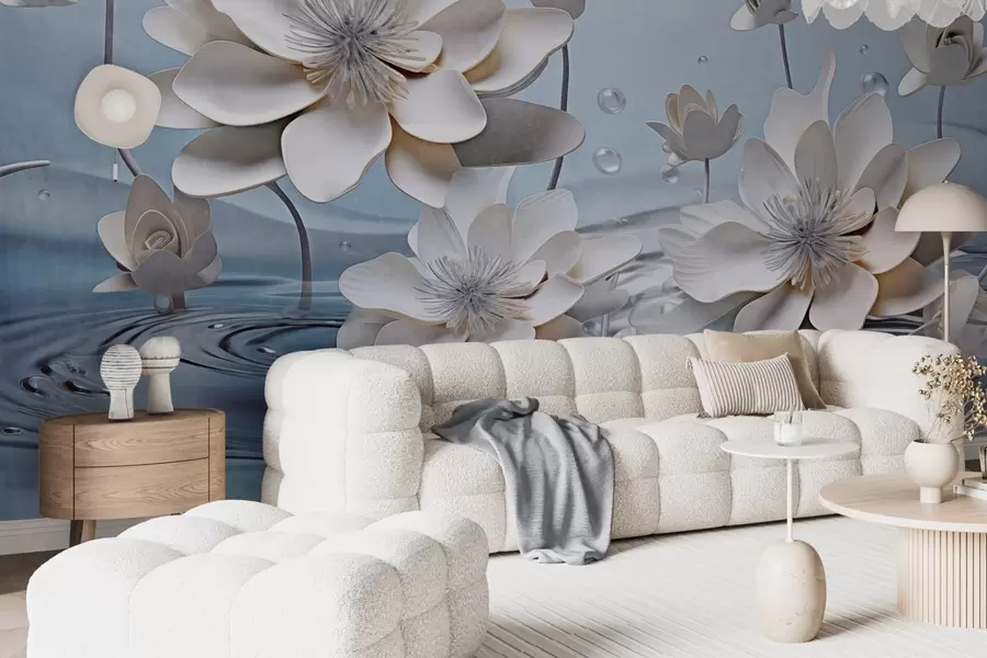 Papier peint Fleurs blanches texturées avec gouttes d'eau, reflets sur la surface de l'eau, fond bleu clair, design élégant w09262