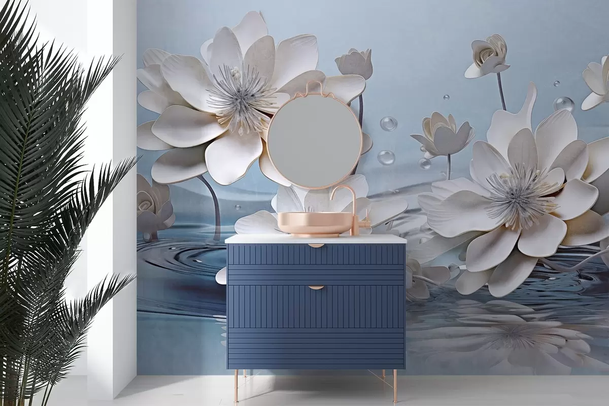 Papier peint Fleurs blanches texturées avec gouttes d'eau, reflets sur la surface de l'eau, fond bleu clair, design élégant w09262
