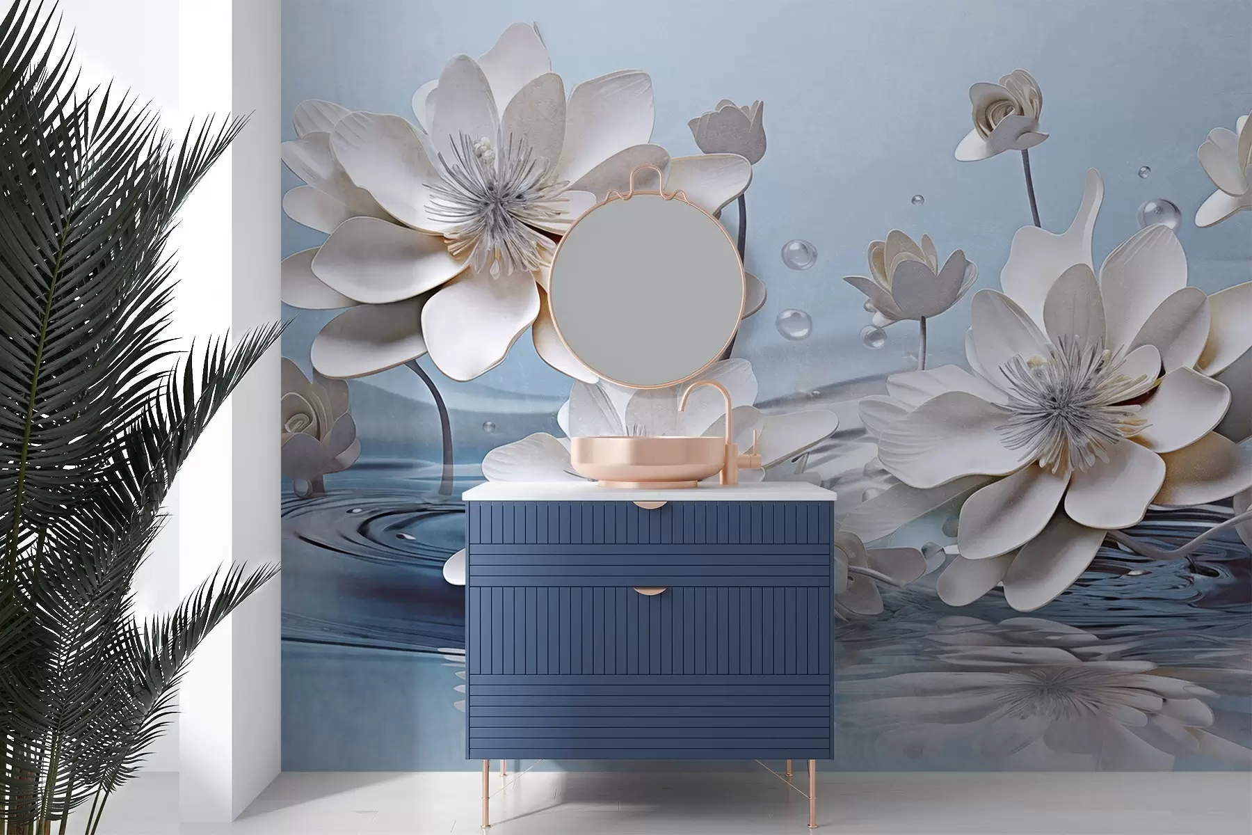 Papier peint Fleurs blanches texturées avec gouttes d'eau, reflets sur la surface de l'eau, fond bleu clair, design élégant w09262