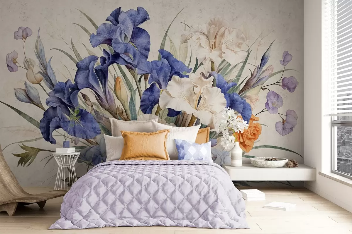 Papier peint Bouquet vintage texturé d'iris violets, arrangés avec des feuilles et des tiges vertes, sur un fond doux w09263