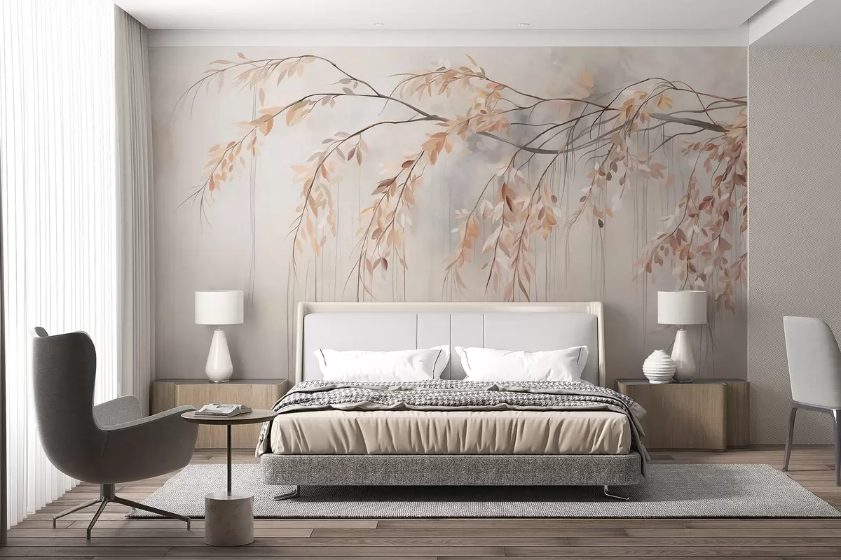 Papier peint Une branche avec des feuilles orange clair qui pendent, fond flou texturé gris clair, style doux et délicat w09265