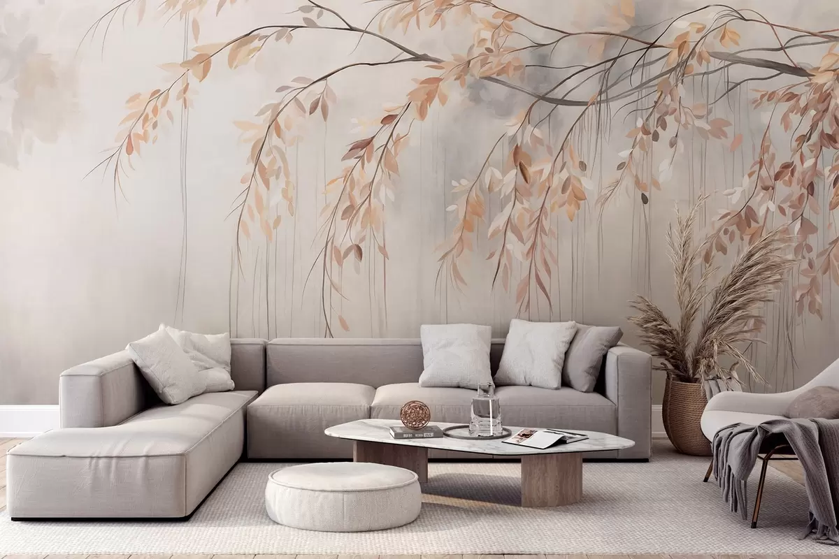 Papier peint Une branche avec des feuilles orange clair qui pendent, fond flou texturé gris clair, style doux et délicat w09265