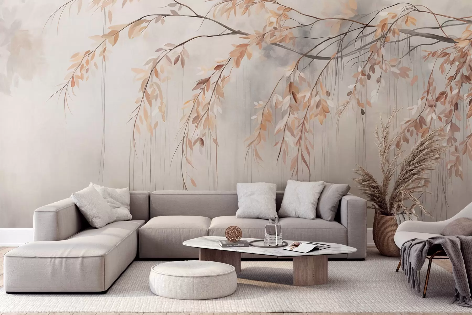 Papier peint Une branche avec des feuilles orange clair qui pendent, fond flou texturé gris clair, style doux et délicat w09265