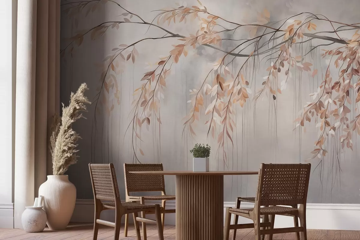 Papier peint Une branche avec des feuilles orange clair qui pendent, fond flou texturé gris clair, style doux et délicat w09265