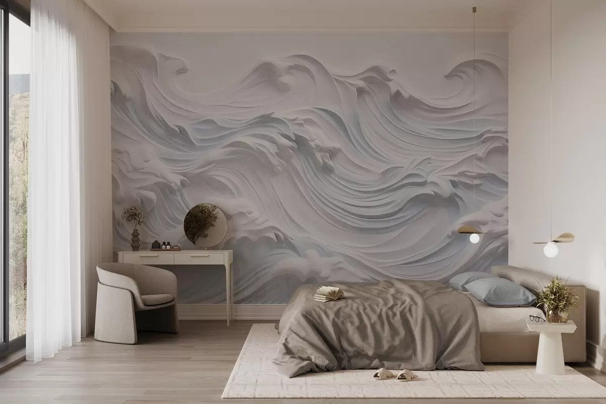 Papier peint Vagues océaniques abstraites texturées, blanches et bleu clair, avec de l'écume, s'écoulant de gauche à droite, impression dynamique et texturée w09266