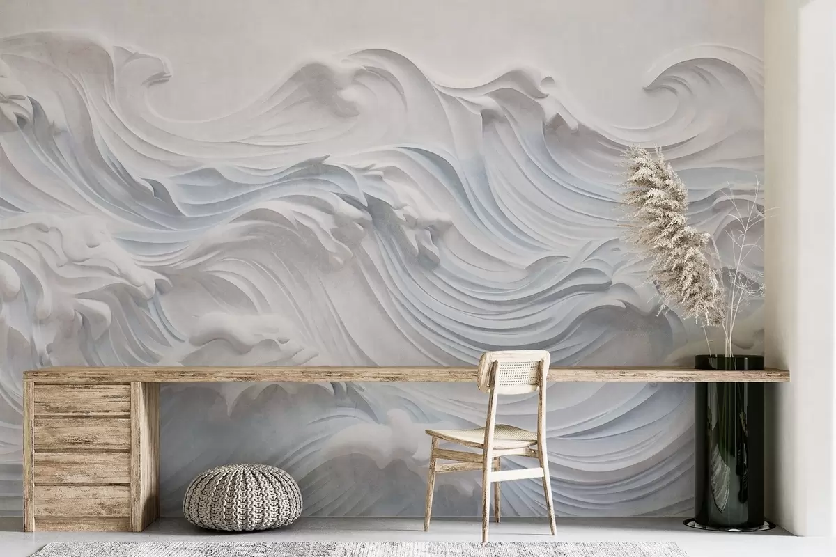 Papier peint Vagues océaniques abstraites texturées, blanches et bleu clair, avec de l'écume, s'écoulant de gauche à droite, impression dynamique et texturée w09266