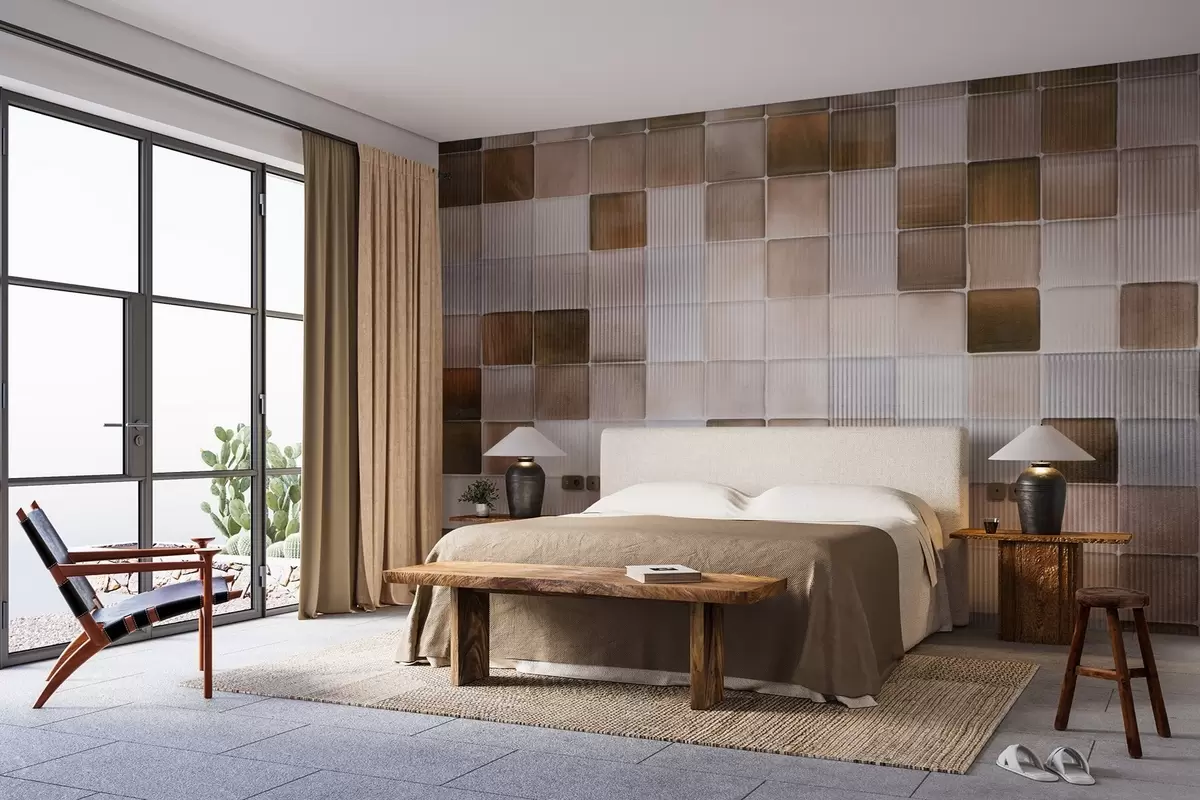 Papier peint Carreaux de mosaïque en pierre de forme carrée dans les tons de brun, beige et blanc avec une texture grenue abstraite et cannelée w09269