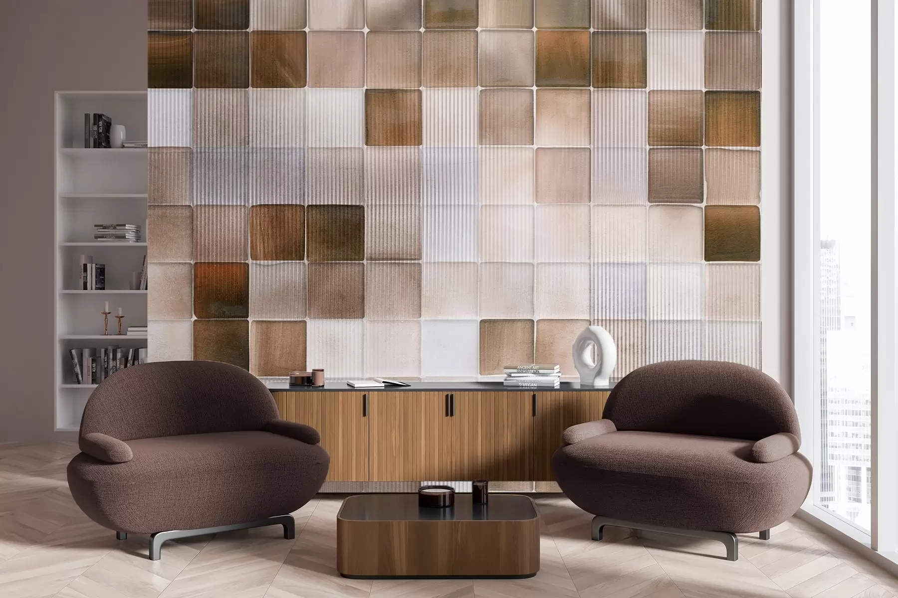 Papier peint Carreaux de mosaïque en pierre de forme carrée dans les tons de brun, beige et blanc avec une texture grenue abstraite et cannelée w09269
