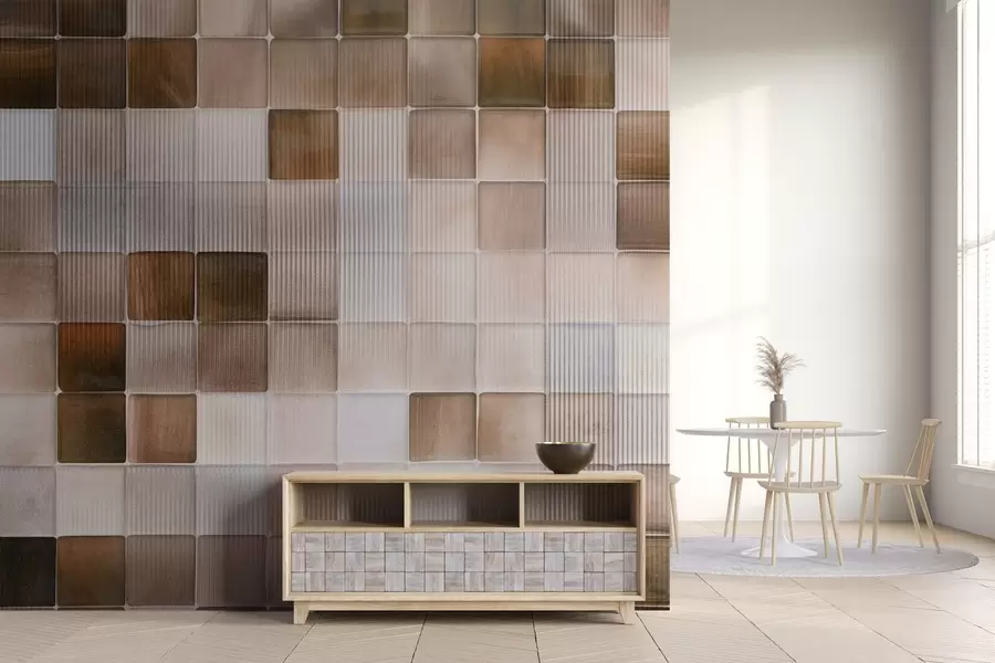 Papier peint Carreaux de mosaïque en pierre de forme carrée dans les tons de brun, beige et blanc avec une texture grenue abstraite et cannelée w09269