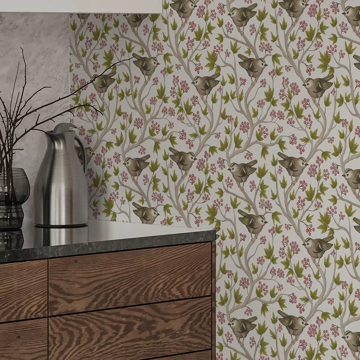 Papier peint Oiseaux sur des branches avec des feuilles et des baies sur fond blanc a00283