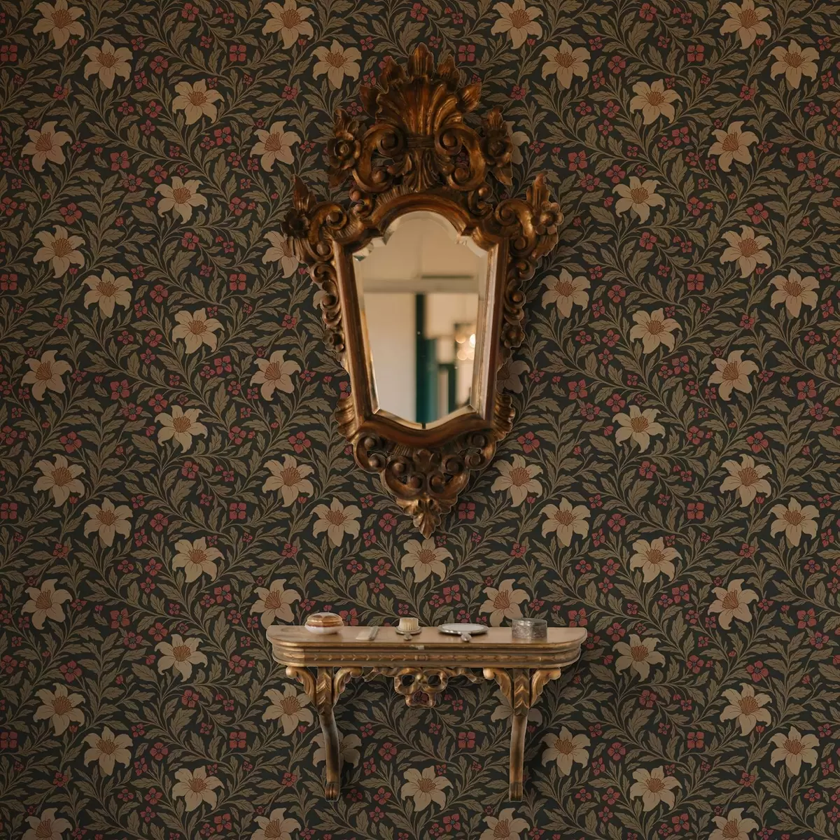 Papier peint Fond sombre avec des fleurs jaunes et rouges dans le style Art nouveau a00293