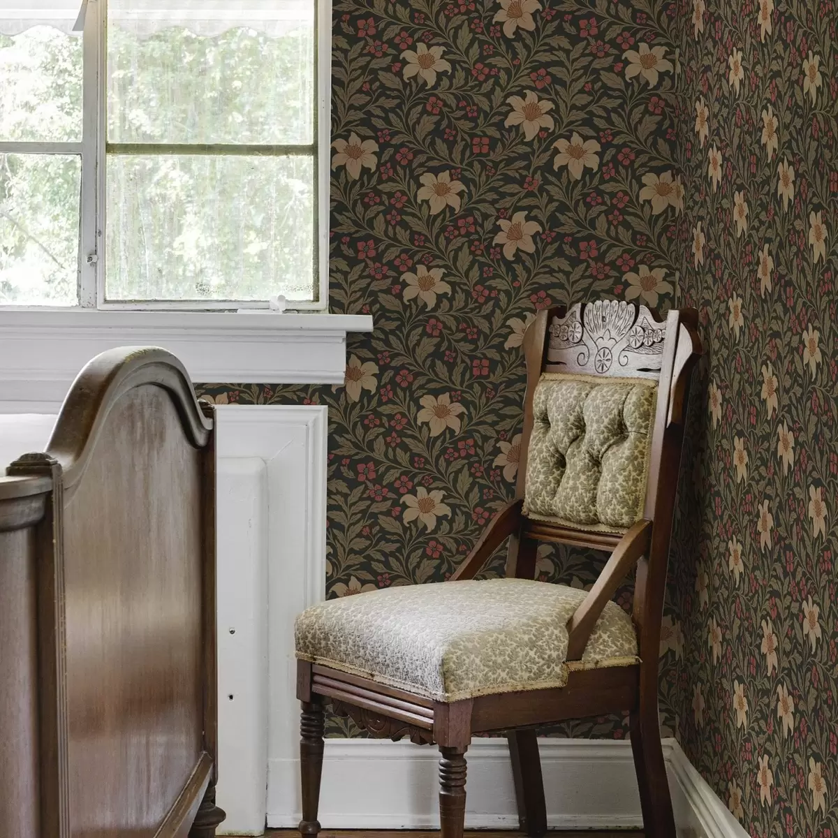 Papier peint Fond sombre avec des fleurs jaunes et rouges dans le style Art nouveau a00293