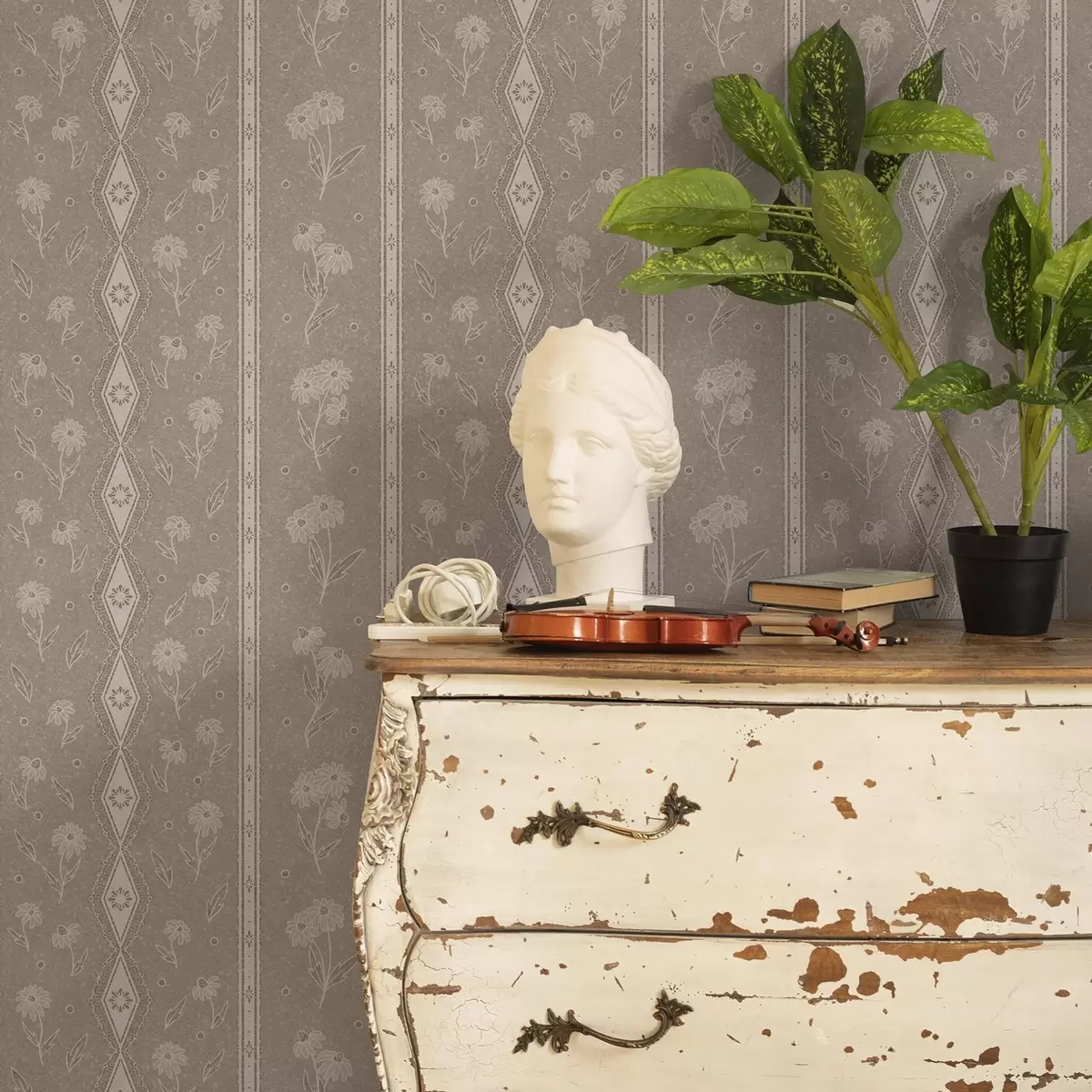 Papier peint Rayures avec marguerites et dentelle sur fond gris-beige a00295