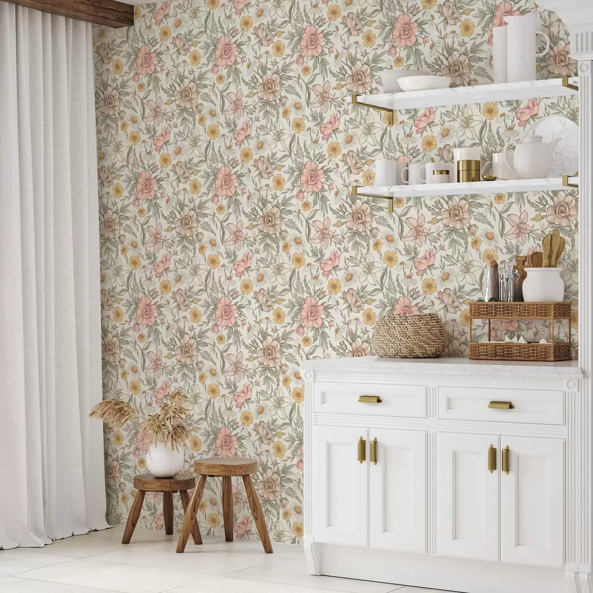 Papier peint Marguerites, pivoines, lys et feuilles aux couleurs délicates a00299