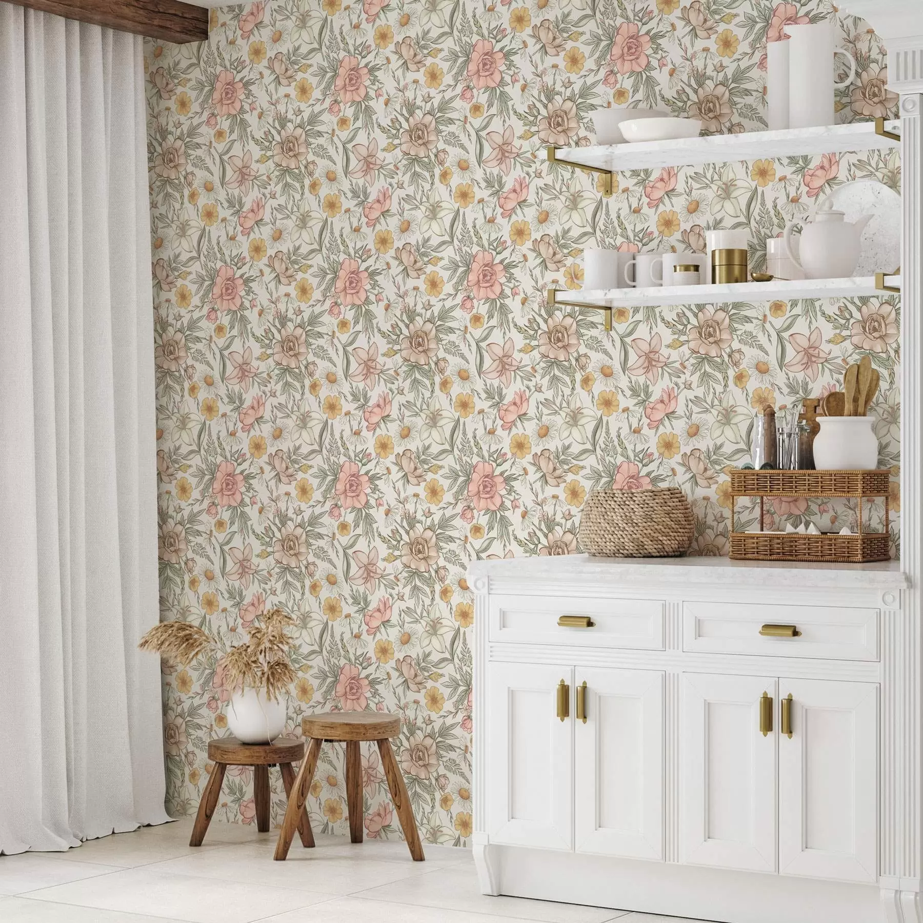 Papier peint Marguerites, pivoines, lys et feuilles aux couleurs délicates a00299