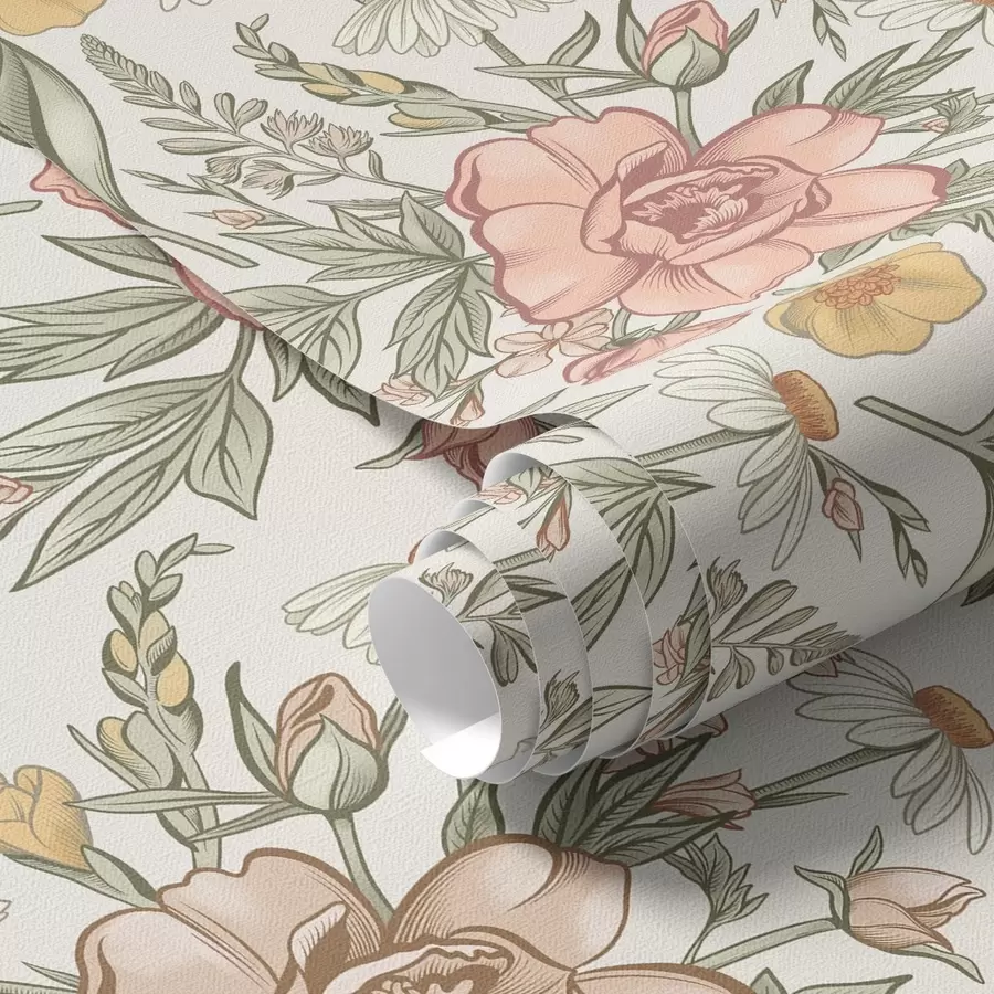 Papier peint Marguerites, pivoines, lys et feuilles aux couleurs délicates a00299