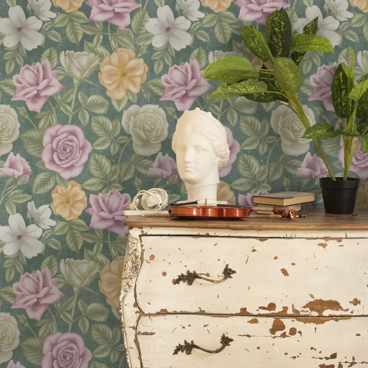 Papier peint Roses roses crème et jaunes sur fond vert a00300