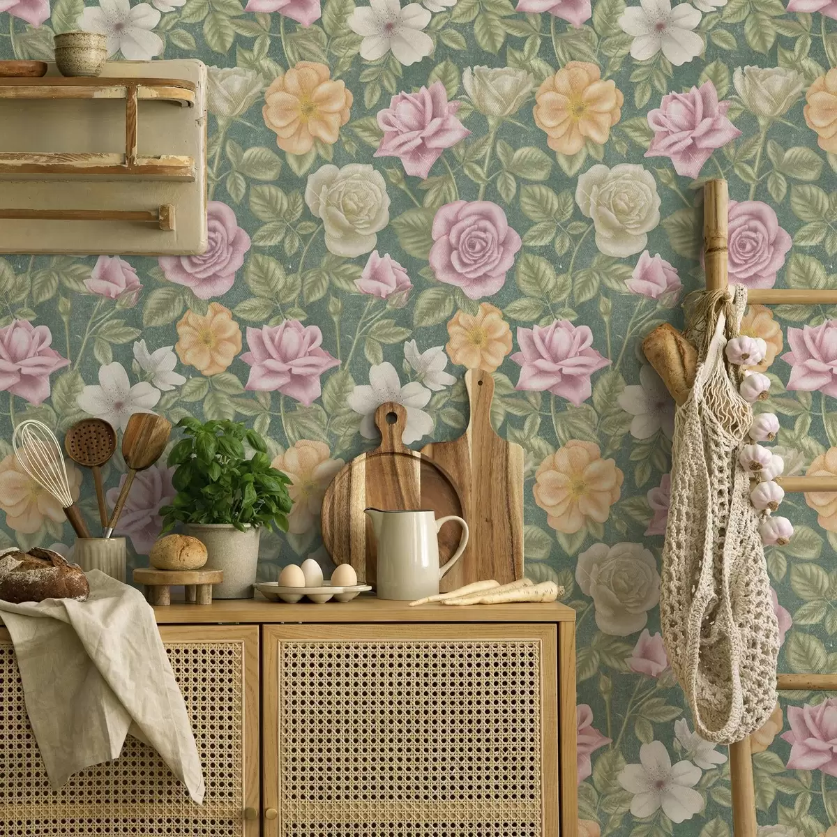 Papier peint Roses roses crème et jaunes sur fond vert a00300