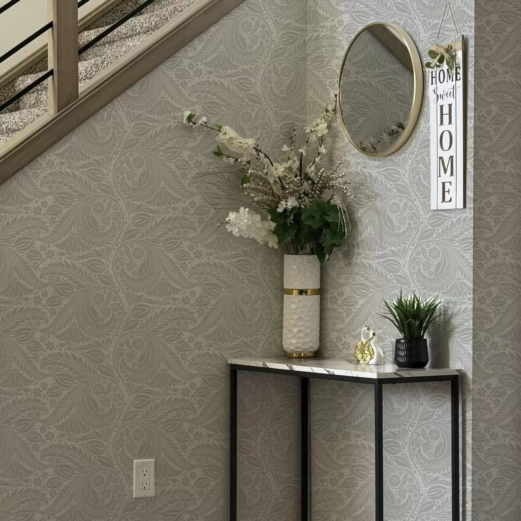 Papier peint Stylisation folklorique grise avec des feuilles et des fleurs a00301