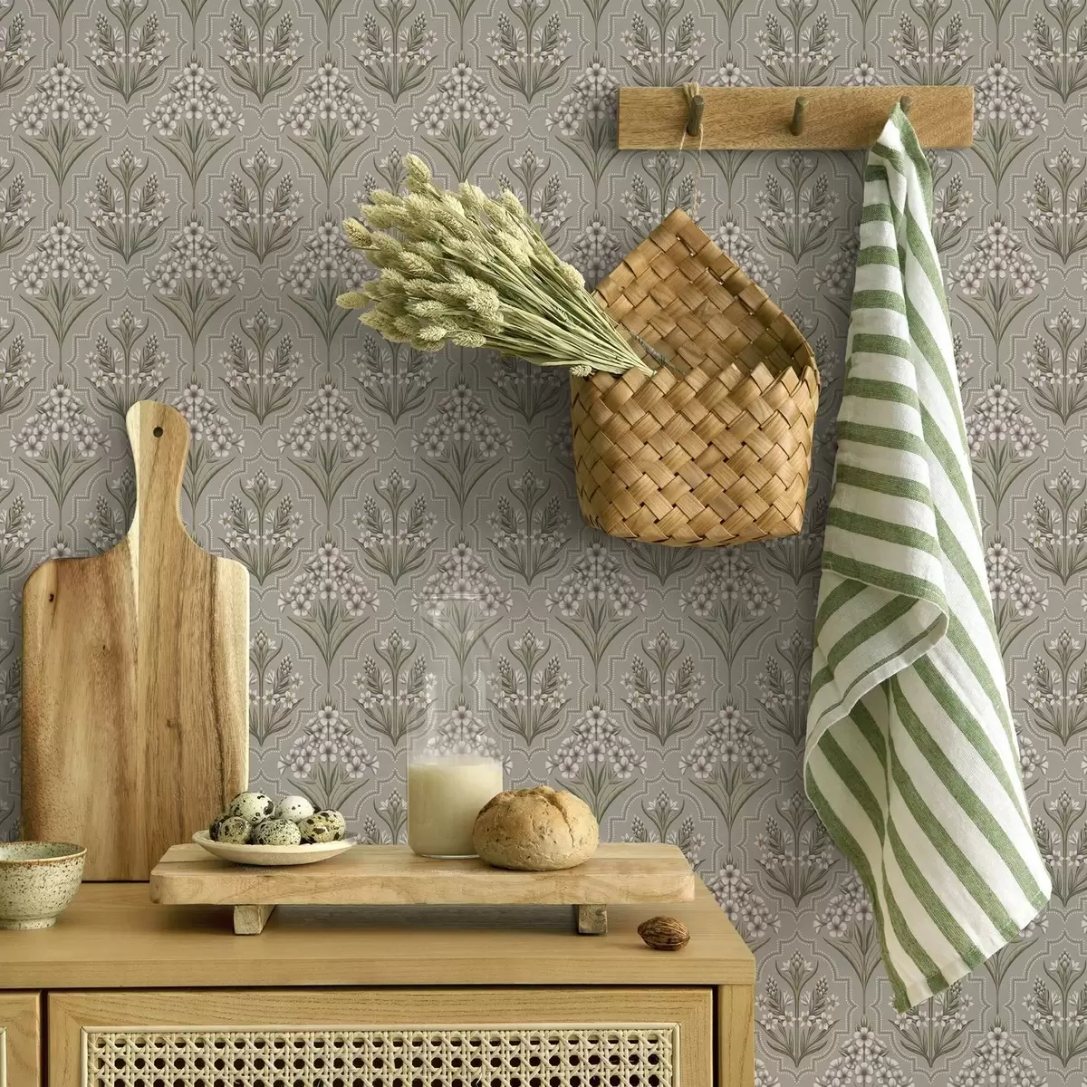 Papier peint Motif symétrique de fleurs blanches sur fond gris a00302