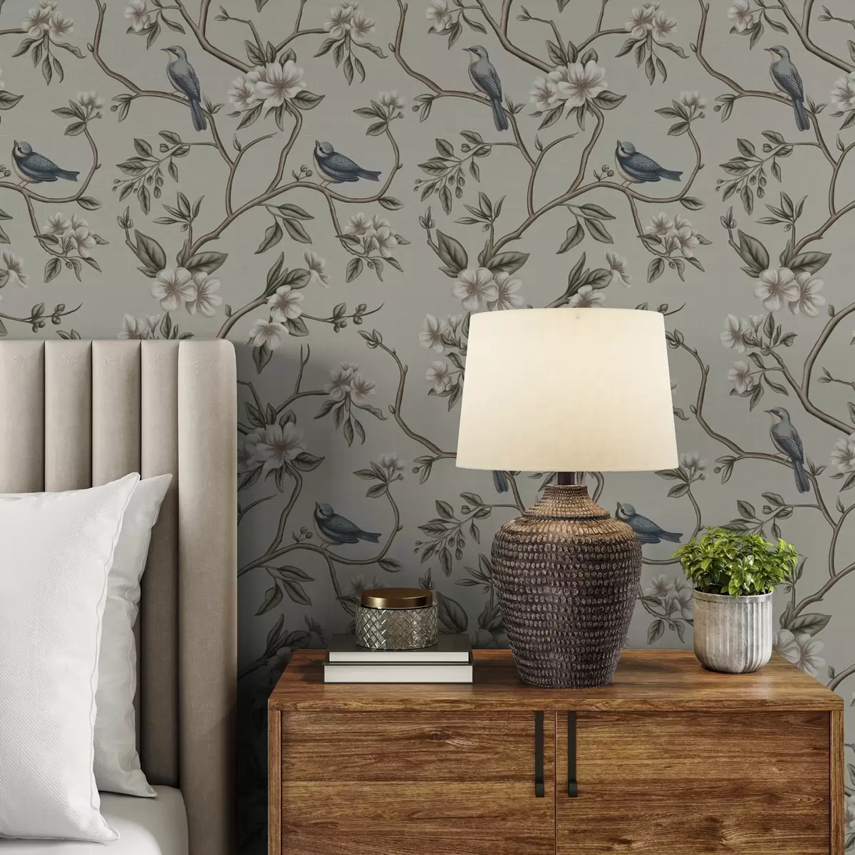 Papier peint Branches avec oiseaux et fleurs blanches sur un fond délicat a00303