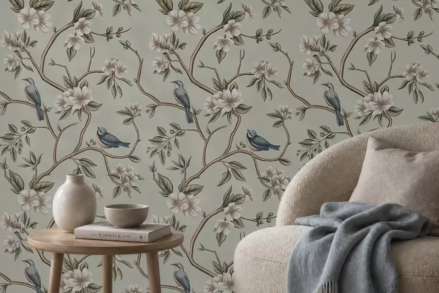 Papier peint Branches avec oiseaux et fleurs blanches sur un fond délicat a00303