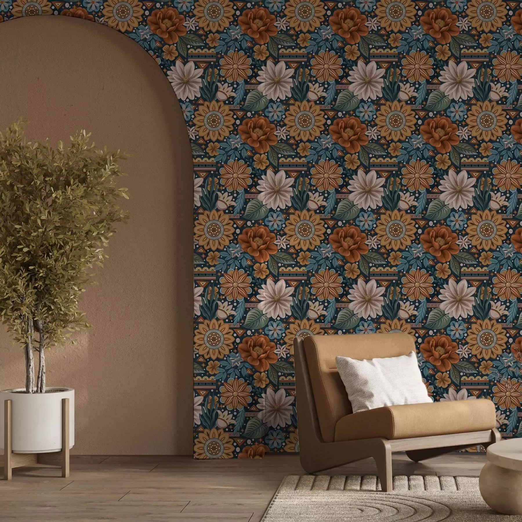 Papier peint Fleurs décoratives lumineuses avec éléments géométriques a00305