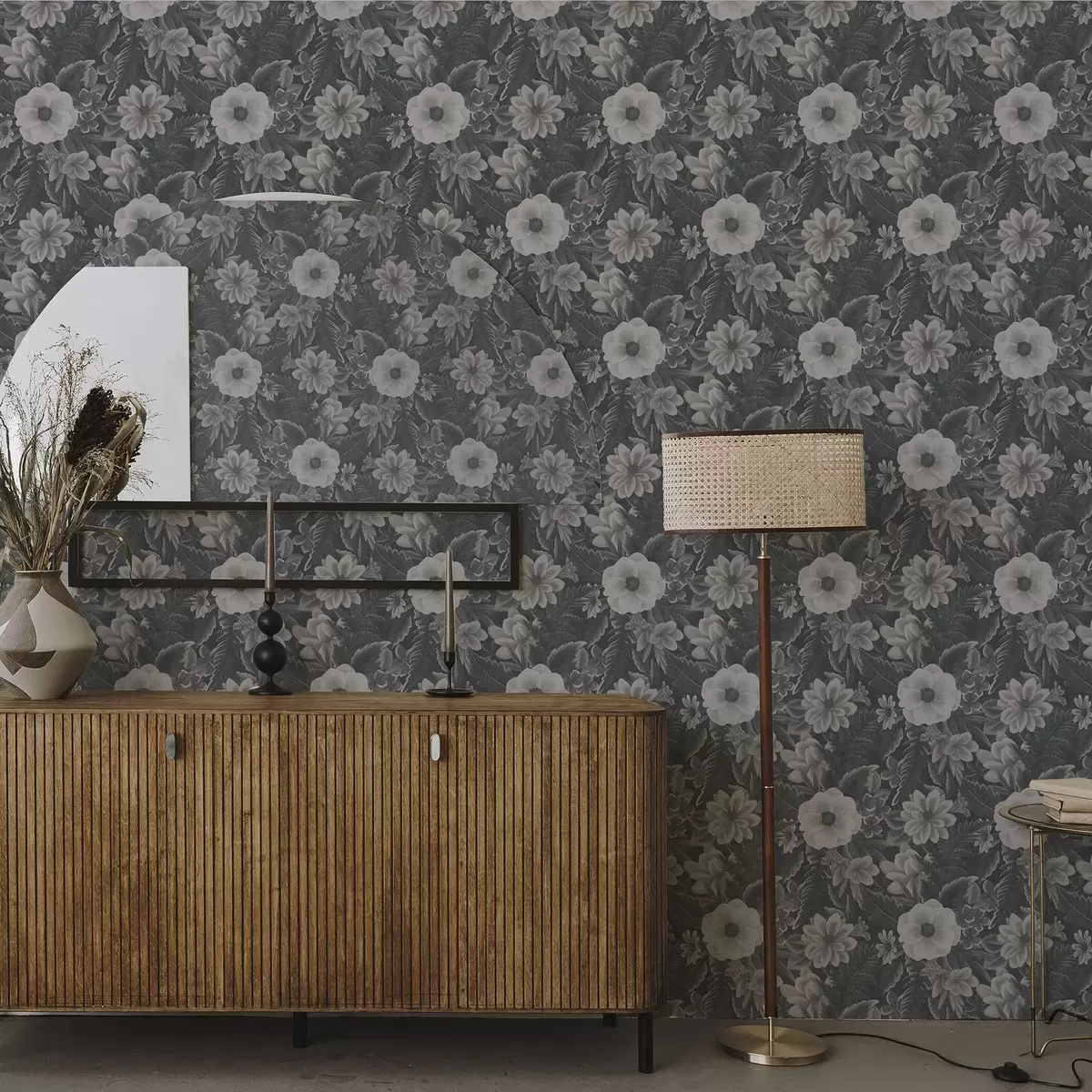 Papier peint Motif floral gris et blanc avec effet rétro a00307