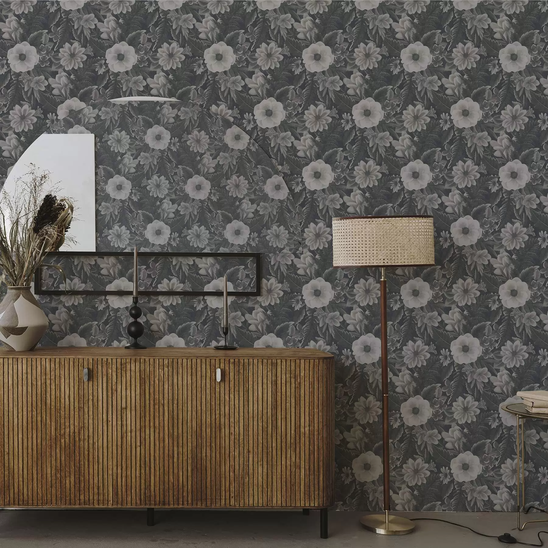 Papier peint Motif floral gris et blanc avec effet rétro a00307